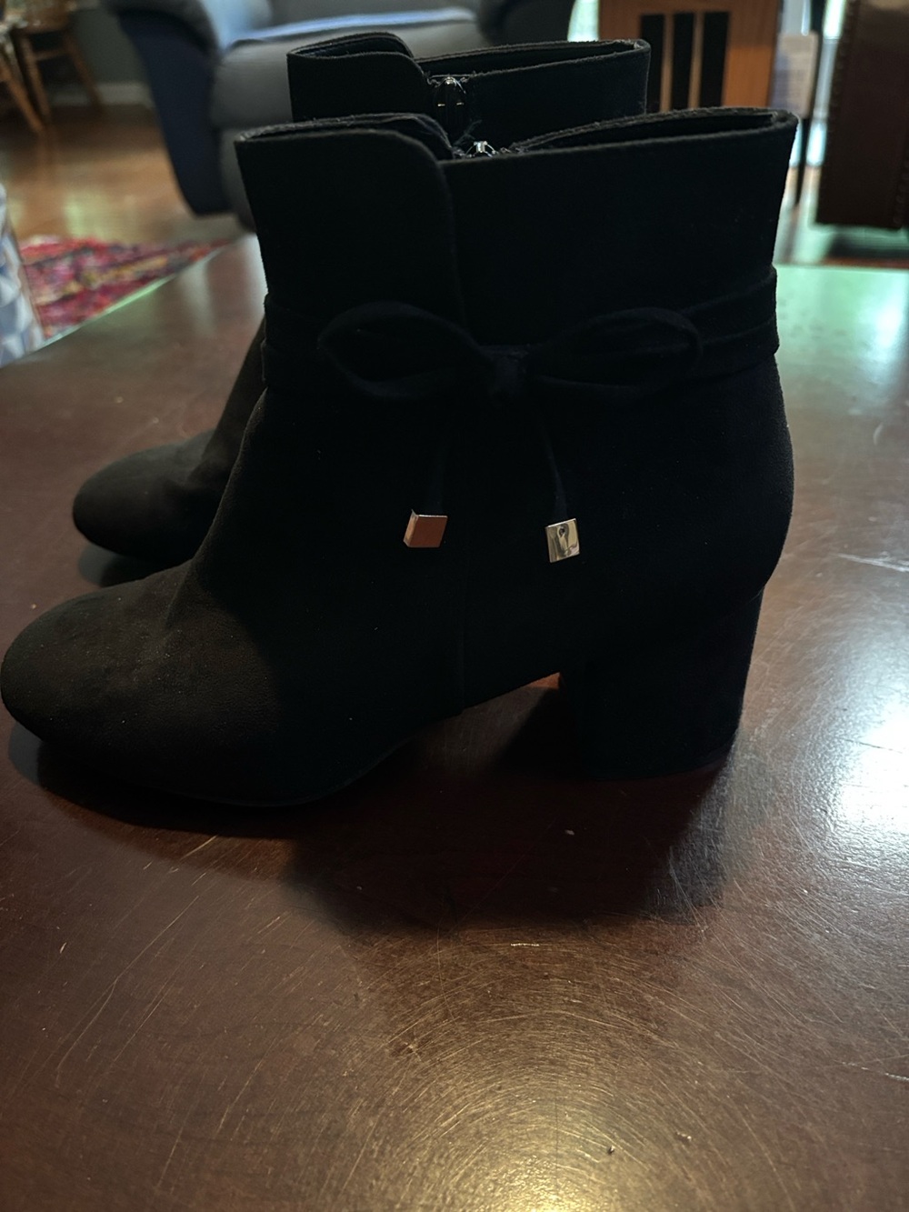 Patrizia by Spring Step Black Suede Zippered Ankle Boots with Silver Tipped Bow